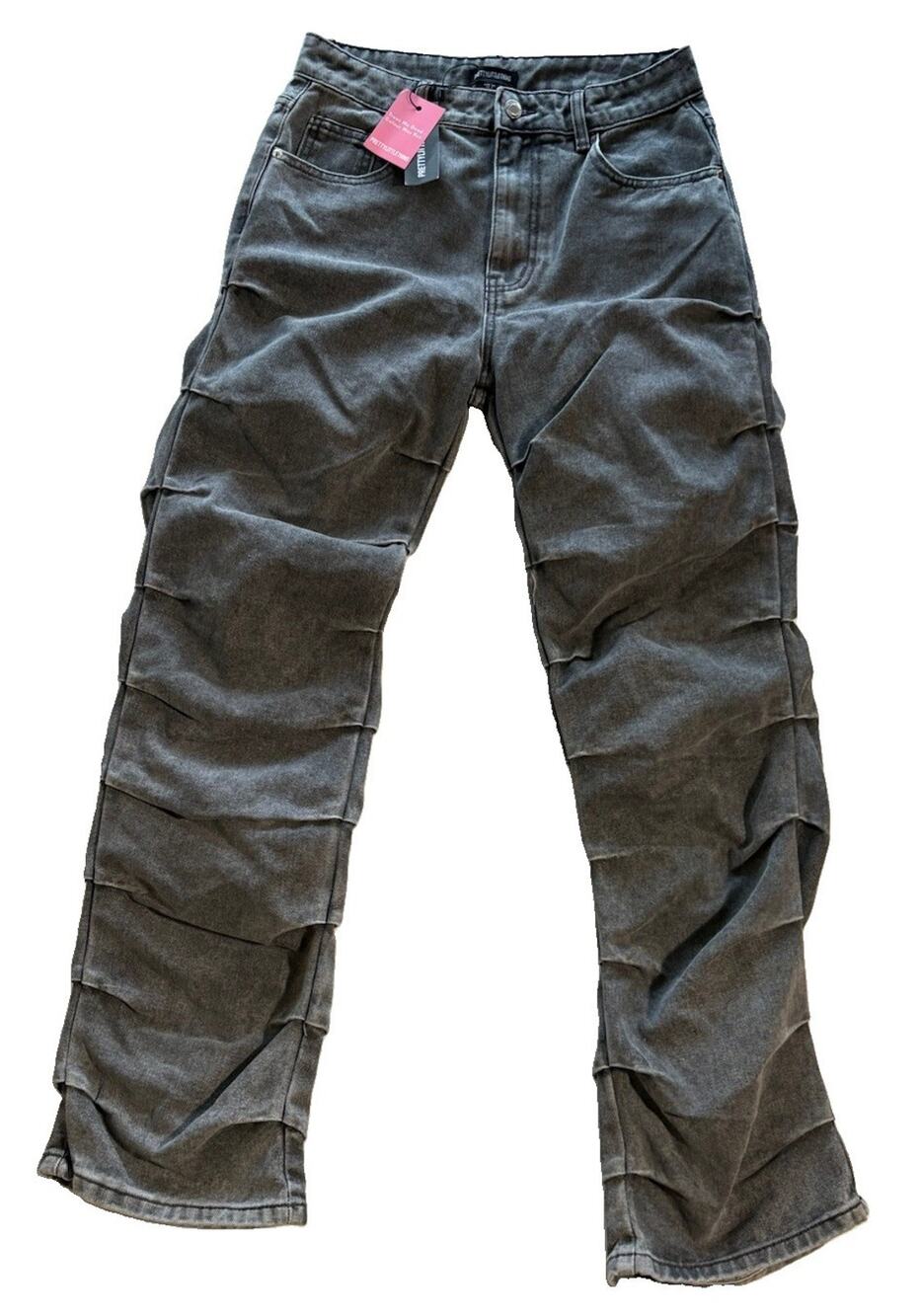 PrettyLittleThing Grey Acid Wash Ruched Stacked Straight Leg Jeans Size US 2